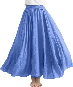 Women's Bohemian Style Linen Skirt Elastic High Waist Loose Casual Long Maxi Skirt Dress Summer Beach Boho Skirts