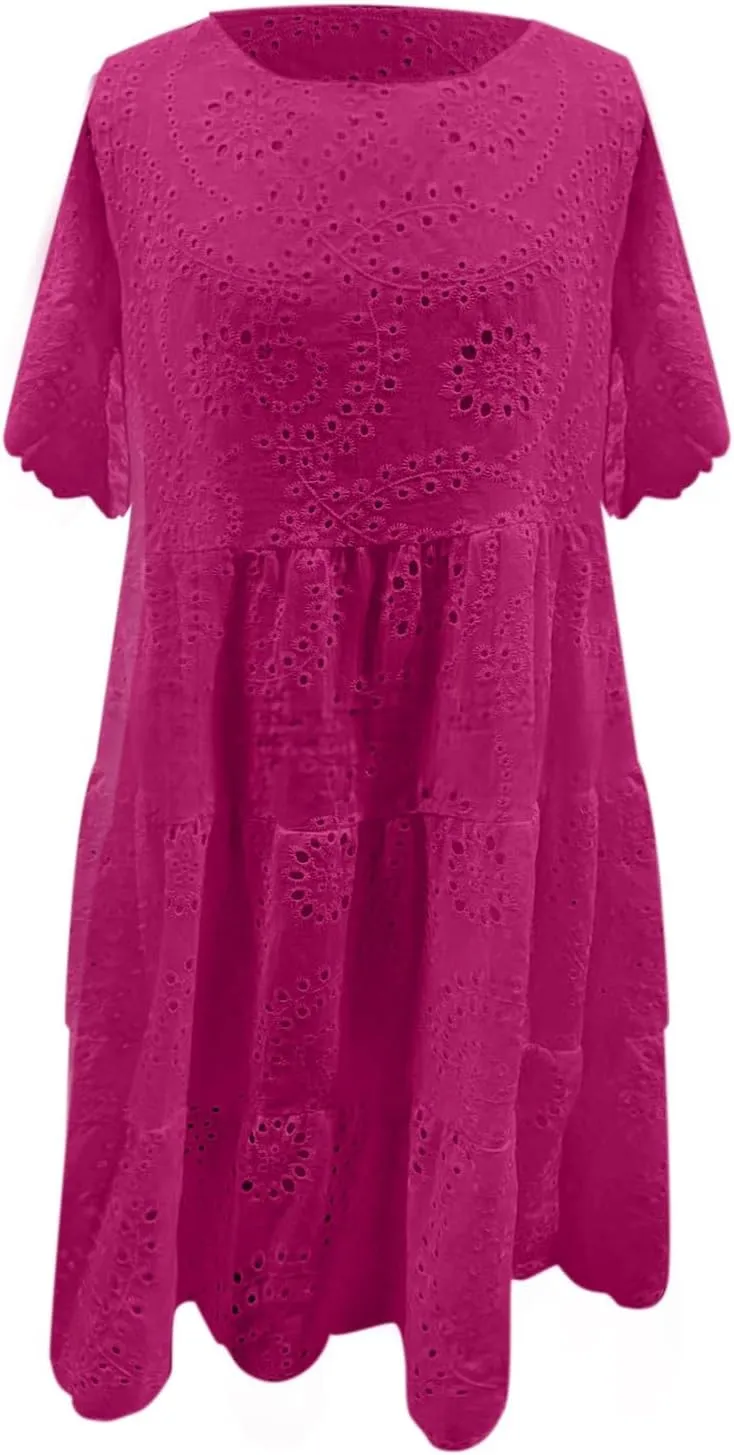 Womens Boho Summer Dresses 2025 Resort V Neck Short Sleeve Hollow Out Lace Ruffle Casual Beach Mini Vacation Dress