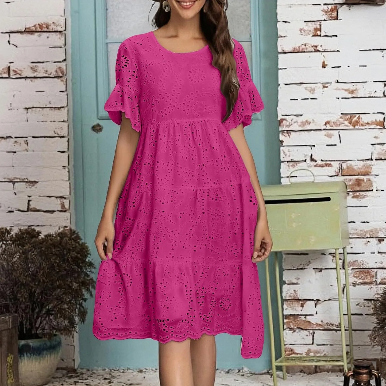 Womens Boho Summer Dresses 2025 Resort V Neck Short Sleeve Hollow Out Lace Ruffle Casual Beach Mini Vacation Dress