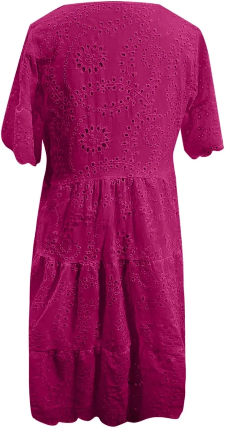 Womens Boho Summer Dresses 2025 Resort V Neck Short Sleeve Hollow Out Lace Ruffle Casual Beach Mini Vacation Dress