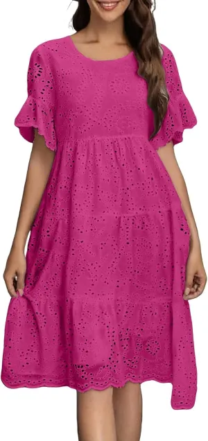 Womens Boho Summer Dresses 2025 Resort V Neck Short Sleeve Hollow Out Lace Ruffle Casual Beach Mini Vacation Dress