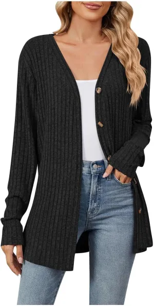 Womens Button Down Open Front Cardigan Fall Lightweight Soft Ribbed Knit Cardigan Sweaters Long Sleeve Coat Outwear