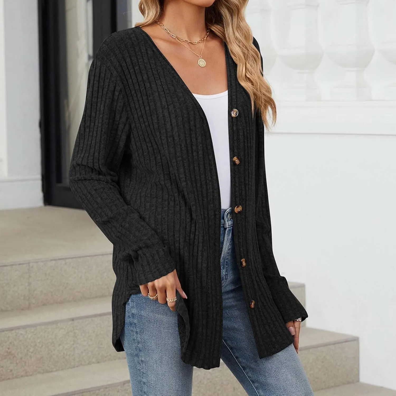Womens Button Down Open Front Cardigan Fall Lightweight Soft Ribbed Knit Cardigan Sweaters Long Sleeve Coat Outwear