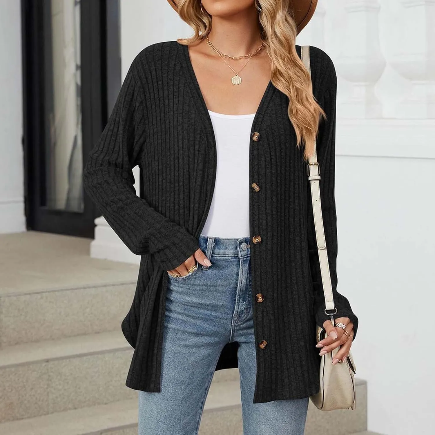 Womens Button Down Open Front Cardigan Fall Lightweight Soft Ribbed Knit Cardigan Sweaters Long Sleeve Coat Outwear
