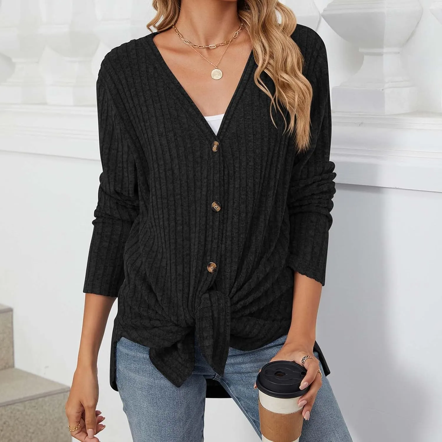 Womens Button Down Open Front Cardigan Fall Lightweight Soft Ribbed Knit Cardigan Sweaters Long Sleeve Coat Outwear