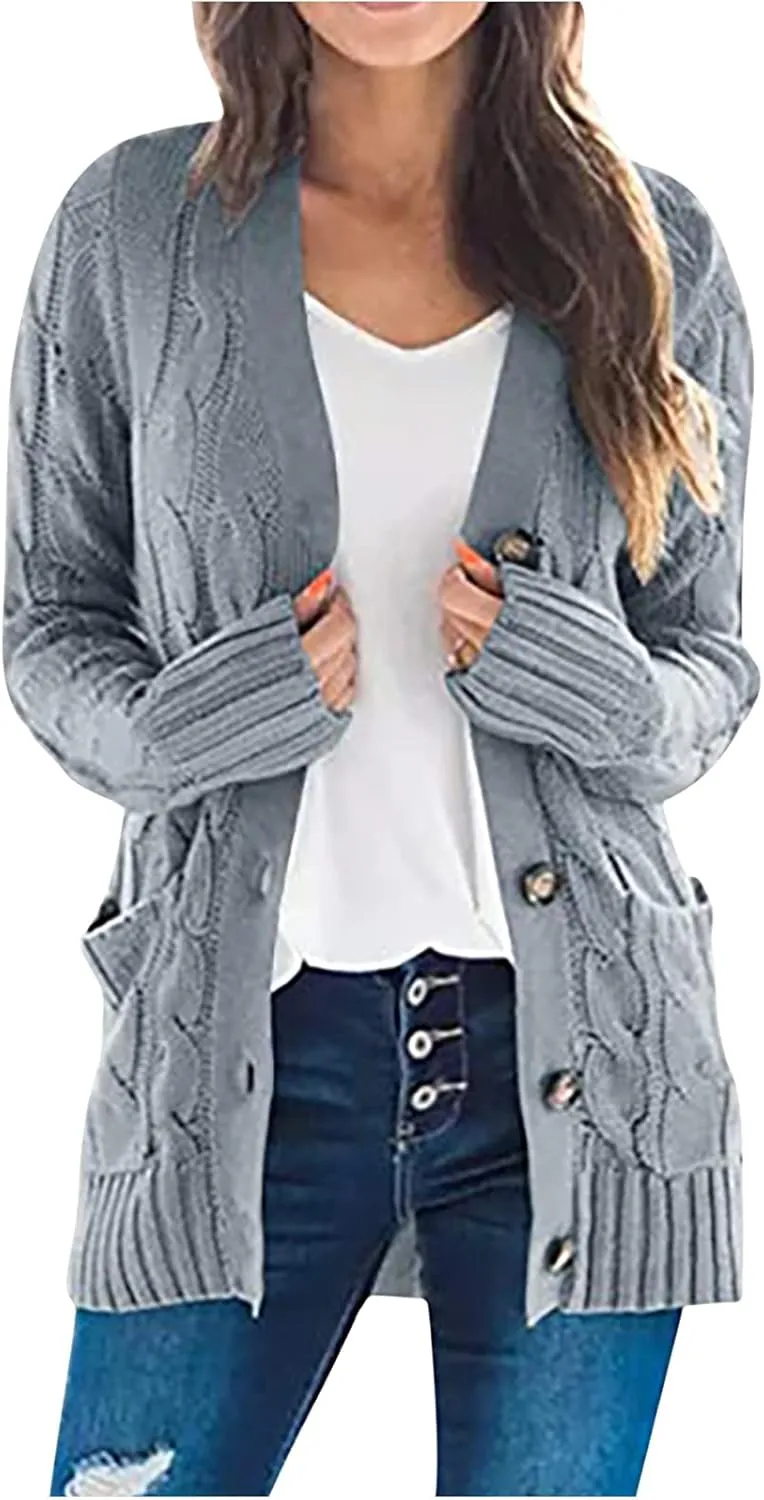 Womens Cable Knit Cardigans 2023 Long Sleeve Solid Color Open Front Button Down Sweaters Lightweight Casual Outerwear Coats