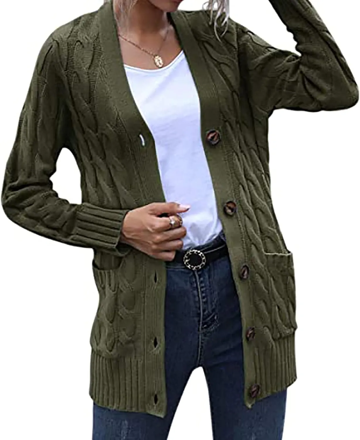 Womens Cable Knit Cardigans 2023 Long Sleeve Solid Color Open Front Button Down Sweaters Lightweight Casual Outerwear Coats