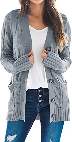 Womens Cable Knit Cardigans 2023 Long Sleeve Solid Color Open Front Button Down Sweaters Lightweight Casual Outerwear Coats