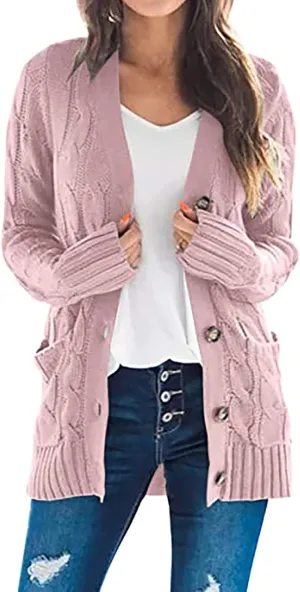 Womens Cable Knit Cardigans 2023 Long Sleeve Solid Color Open Front Button Down Sweaters Lightweight Casual Outerwear Coats