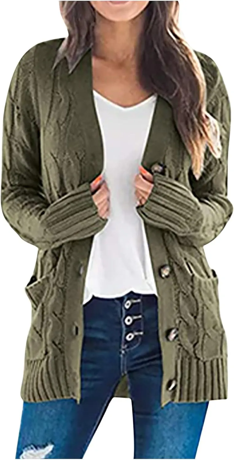 Womens Cable Knit Cardigans 2023 Long Sleeve Solid Color Open Front Button Down Sweaters Lightweight Casual Outerwear Coats