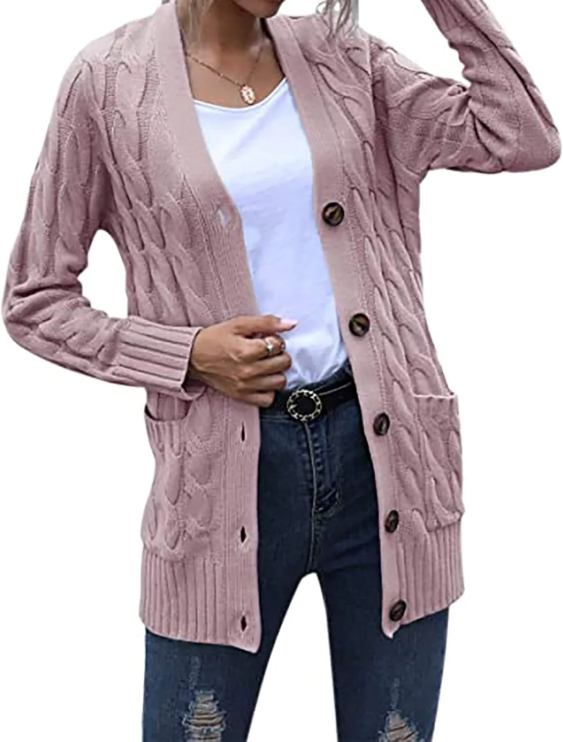 Womens Cable Knit Cardigans 2023 Long Sleeve Solid Color Open Front Button Down Sweaters Lightweight Casual Outerwear Coats