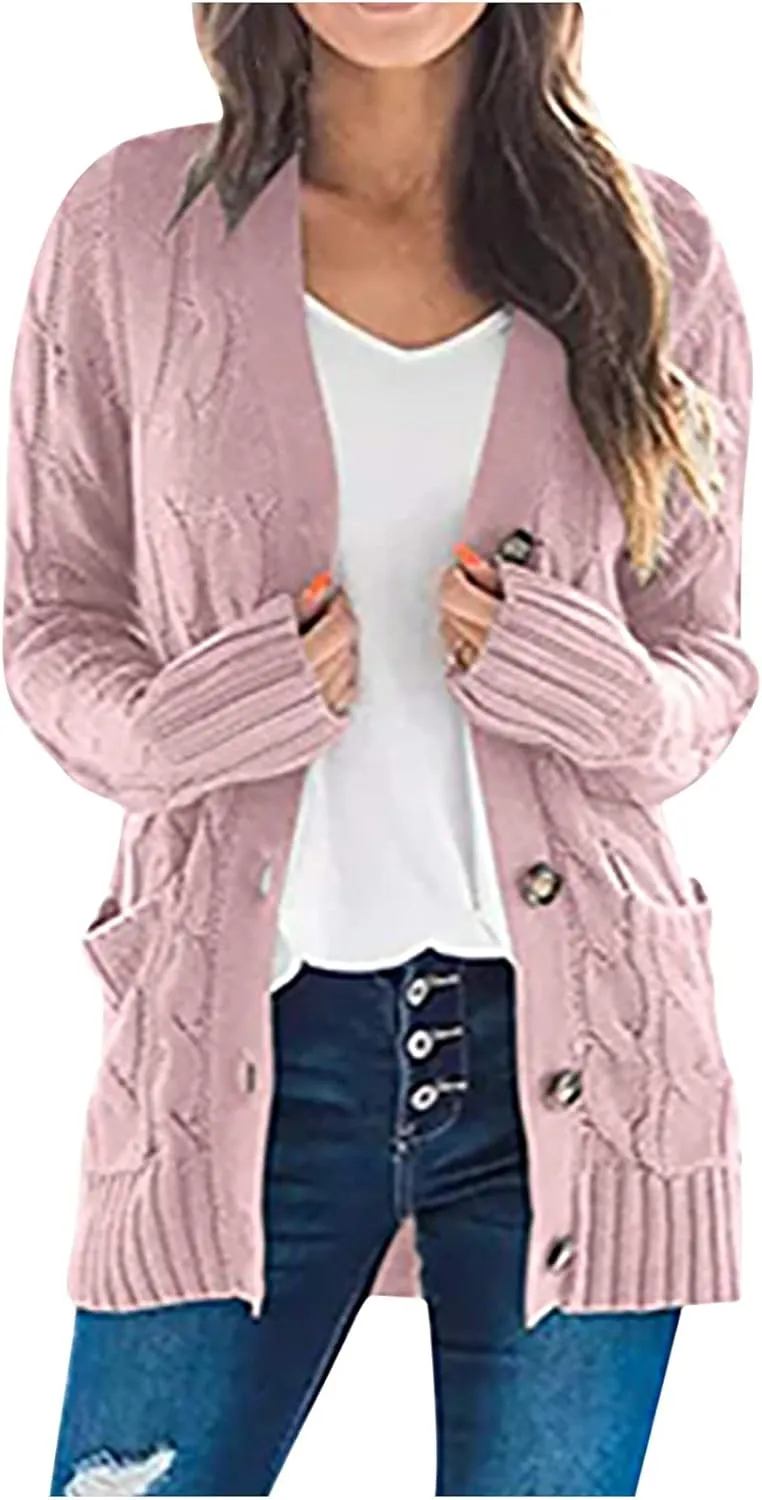 Womens Cable Knit Cardigans 2023 Long Sleeve Solid Color Open Front Button Down Sweaters Lightweight Casual Outerwear Coats