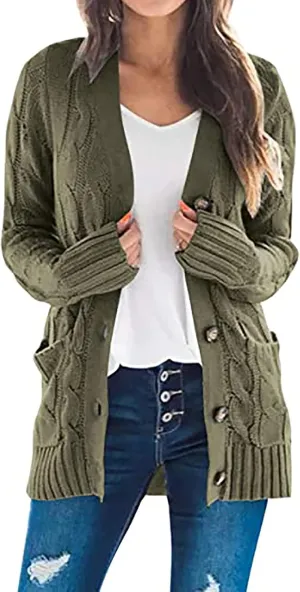 Womens Cable Knit Cardigans 2023 Long Sleeve Solid Color Open Front Button Down Sweaters Lightweight Casual Outerwear Coats