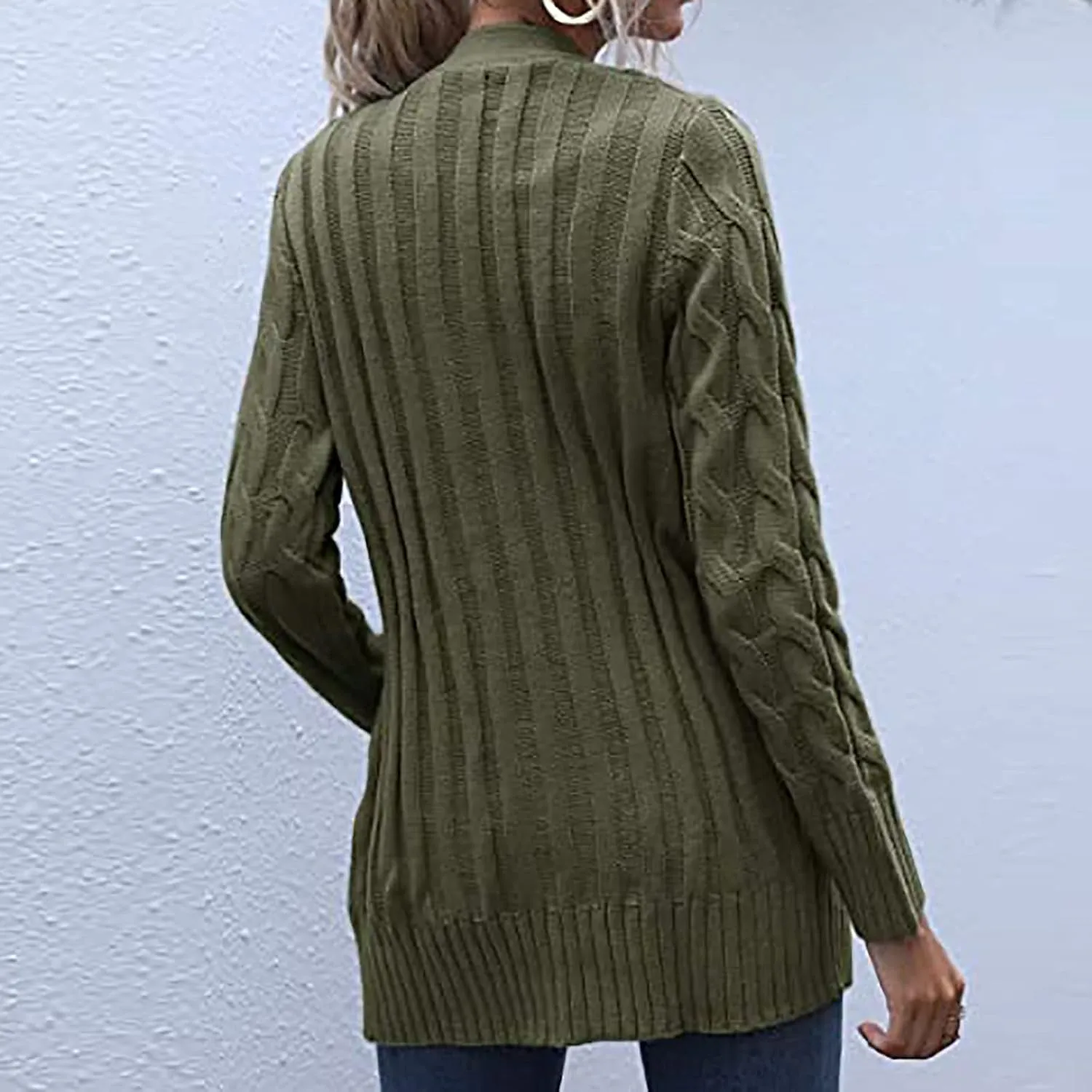 Womens Cable Knit Cardigans 2023 Long Sleeve Solid Color Open Front Button Down Sweaters Lightweight Casual Outerwear Coats
