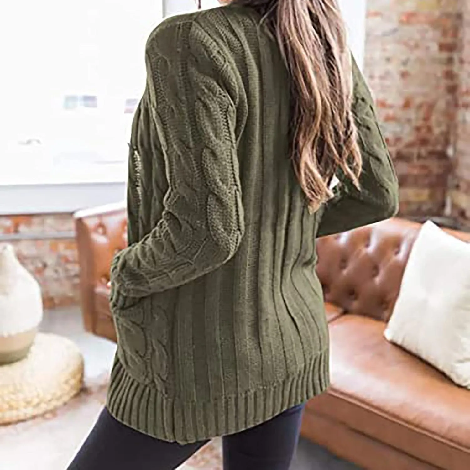 Womens Cable Knit Cardigans 2023 Long Sleeve Solid Color Open Front Button Down Sweaters Lightweight Casual Outerwear Coats