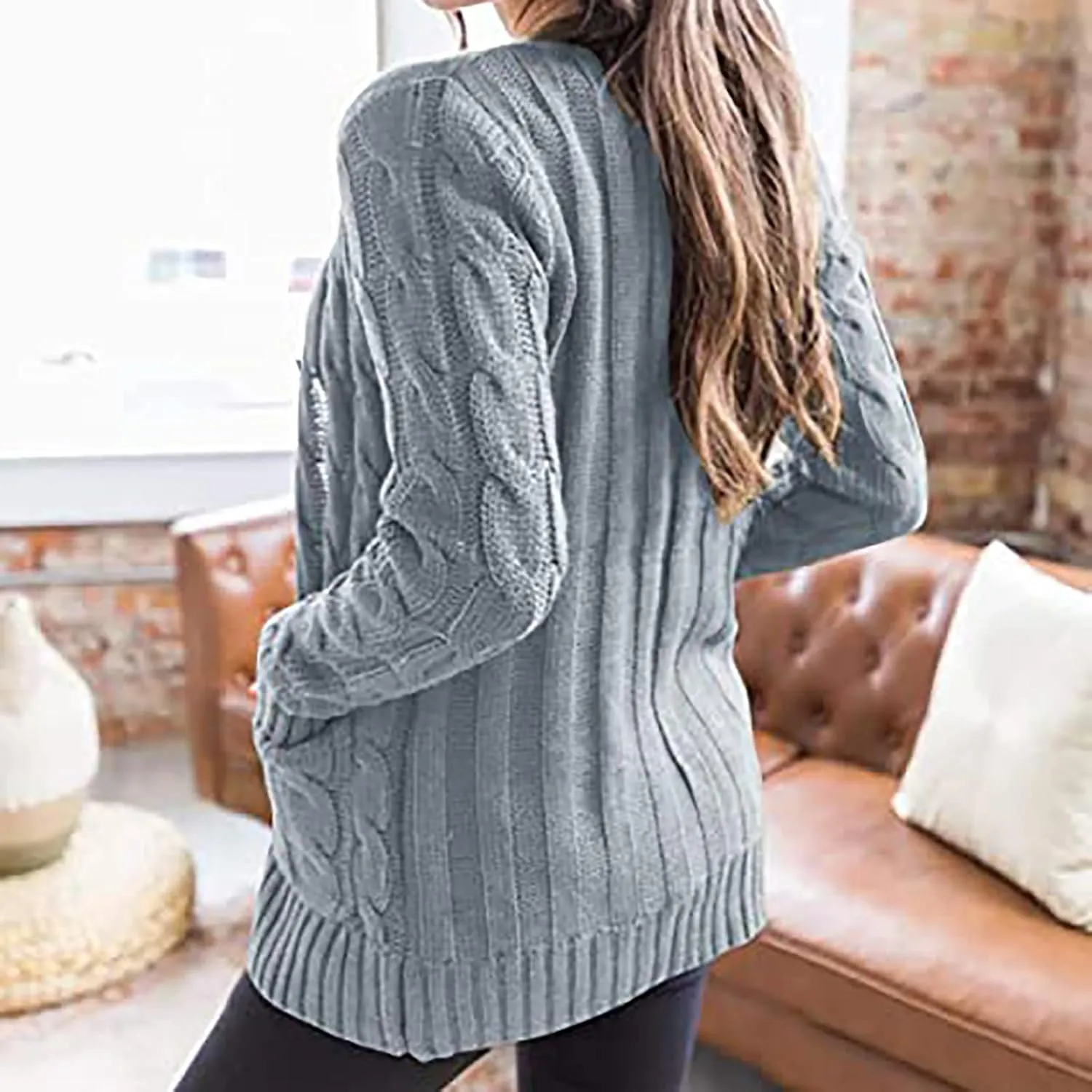 Womens Cable Knit Cardigans 2023 Long Sleeve Solid Color Open Front Button Down Sweaters Lightweight Casual Outerwear Coats
