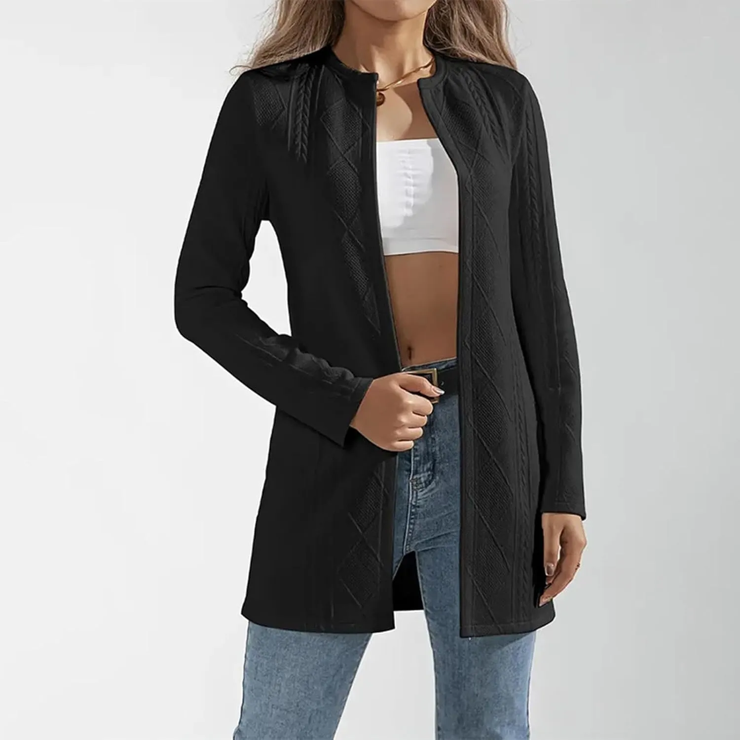 Womens Cable Knit Open Front Cardigan Sweaters Dressy Casual Long Sleeve Lightweight Long Coat Jacket Outwear