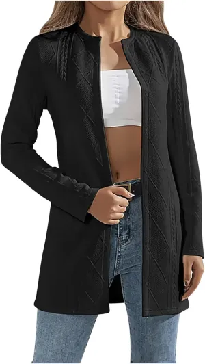 Womens Cable Knit Open Front Cardigan Sweaters Dressy Casual Long Sleeve Lightweight Long Coat Jacket Outwear