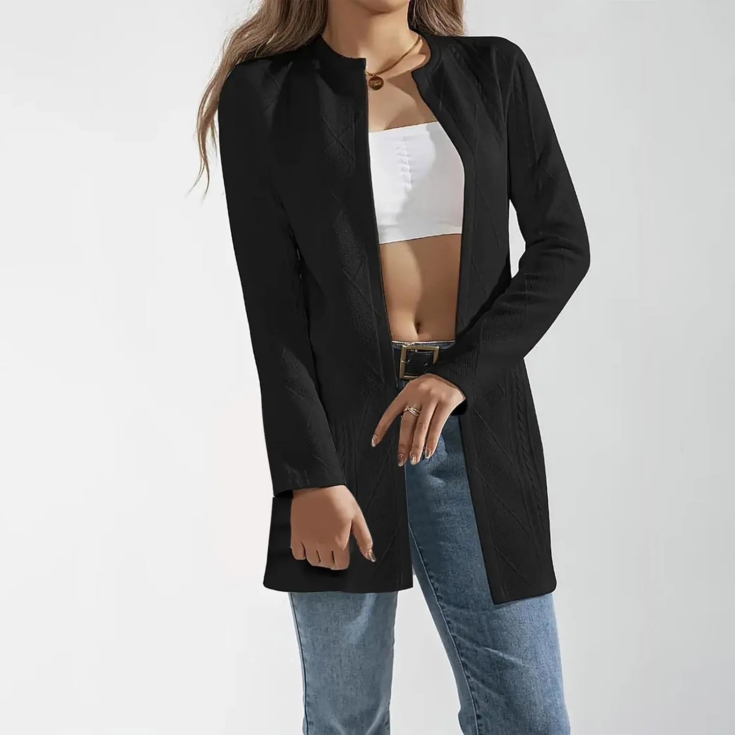 Womens Cable Knit Open Front Cardigan Sweaters Dressy Casual Long Sleeve Lightweight Long Coat Jacket Outwear