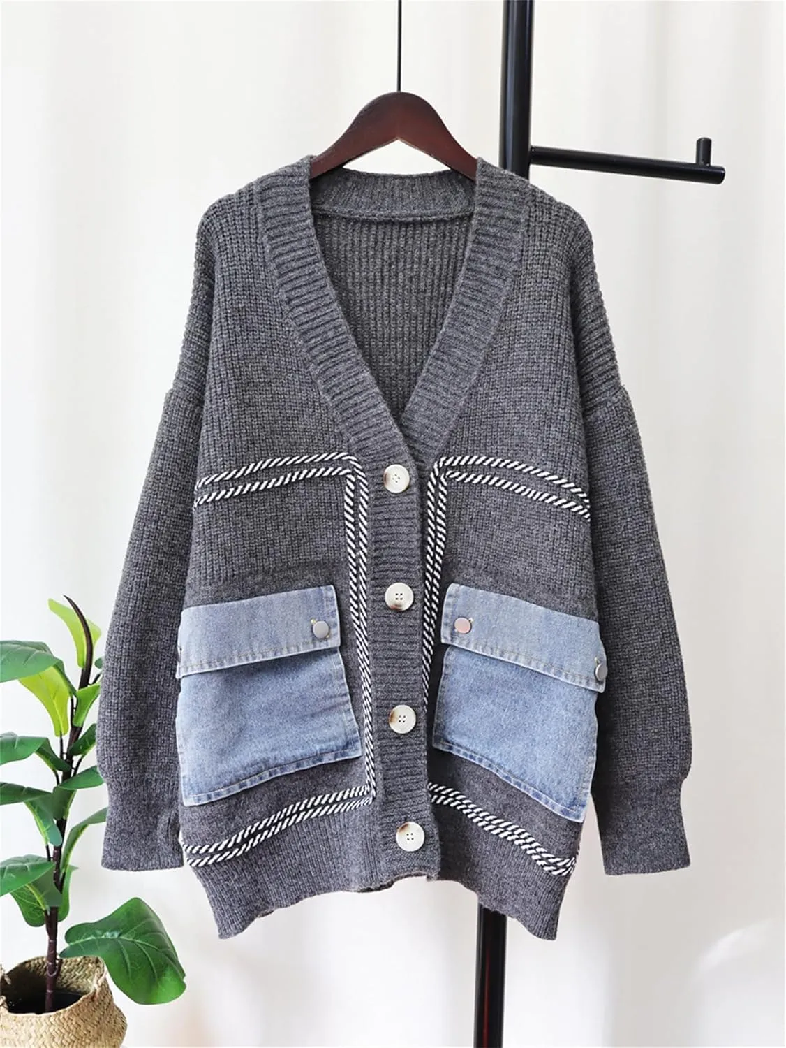 Women's Cable Knit Open Front Cardigans Trendy Cardigan Sweaters with Denim Pockets