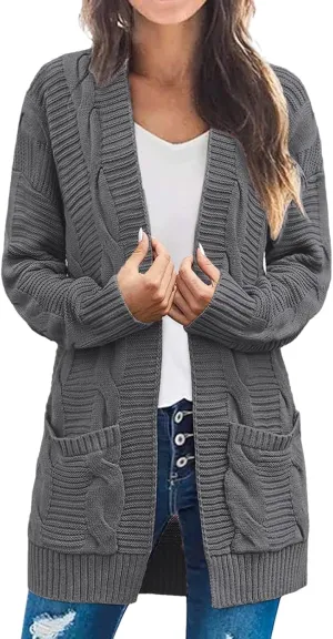 Womens Cardigan Sweaters Long Sleeve Cable Knit Cardigan Casual Button Open Front Jacket Fall Outwear Coat