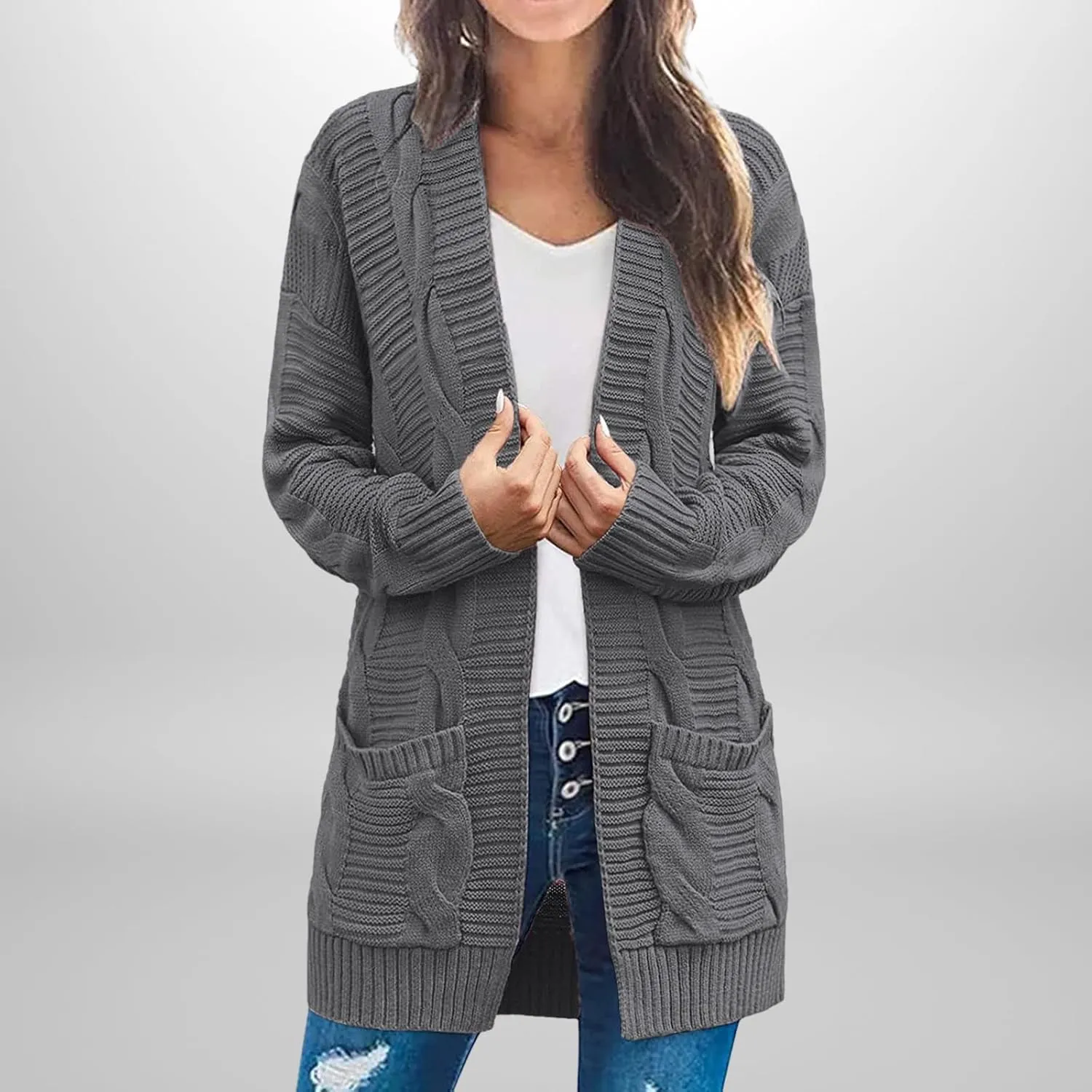 Womens Cardigan Sweaters Long Sleeve Cable Knit Cardigan Casual Button Open Front Jacket Fall Outwear Coat