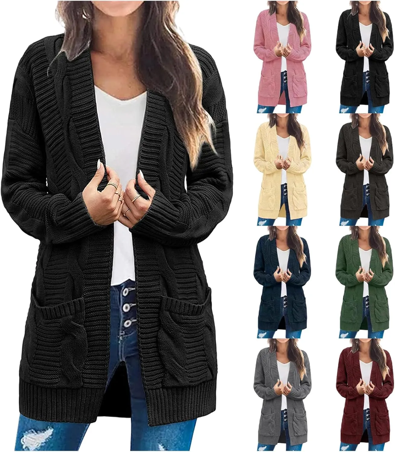 Womens Cardigan Sweaters Long Sleeve Cable Knit Cardigan Casual Button Open Front Jacket Fall Outwear Coat