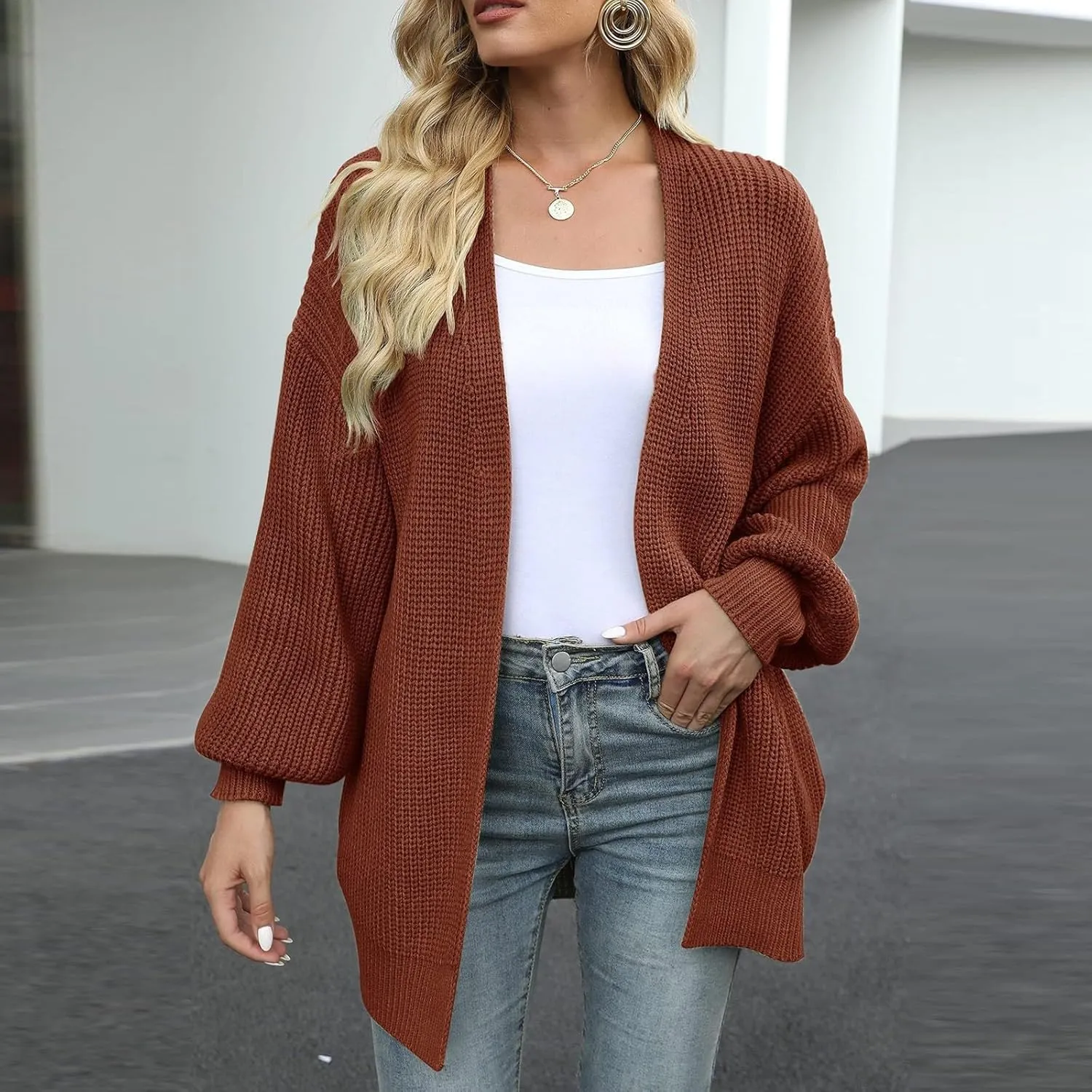 Womens Cardigan Sweaters Loose Fit Chunky Open Front Cardigan Oversized Cable Knit Sweaters with Pockets