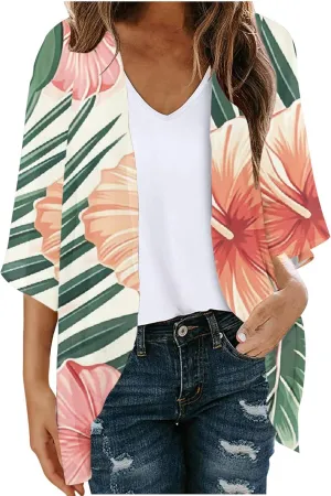 Womens Cardigan Trendy Floral 3/4 Sleeve Kimono Lightweight Open Front Cardigans Summer Beach Cover Ups