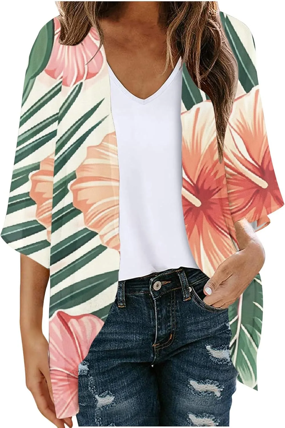 Womens Cardigan Trendy Floral 3/4 Sleeve Kimono Lightweight Open Front Cardigans Summer Beach Cover Ups