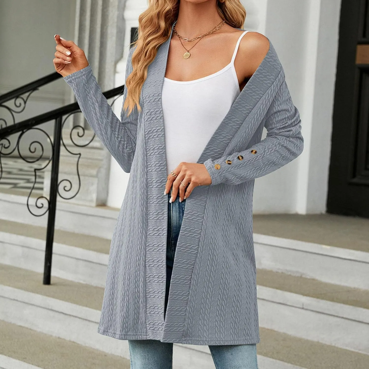 Womens Cardigans 2023 Long Sleeve Open Front Solid Color Knit Sweaters Loose Fit Casual Fashion Fall Cardigan Tops