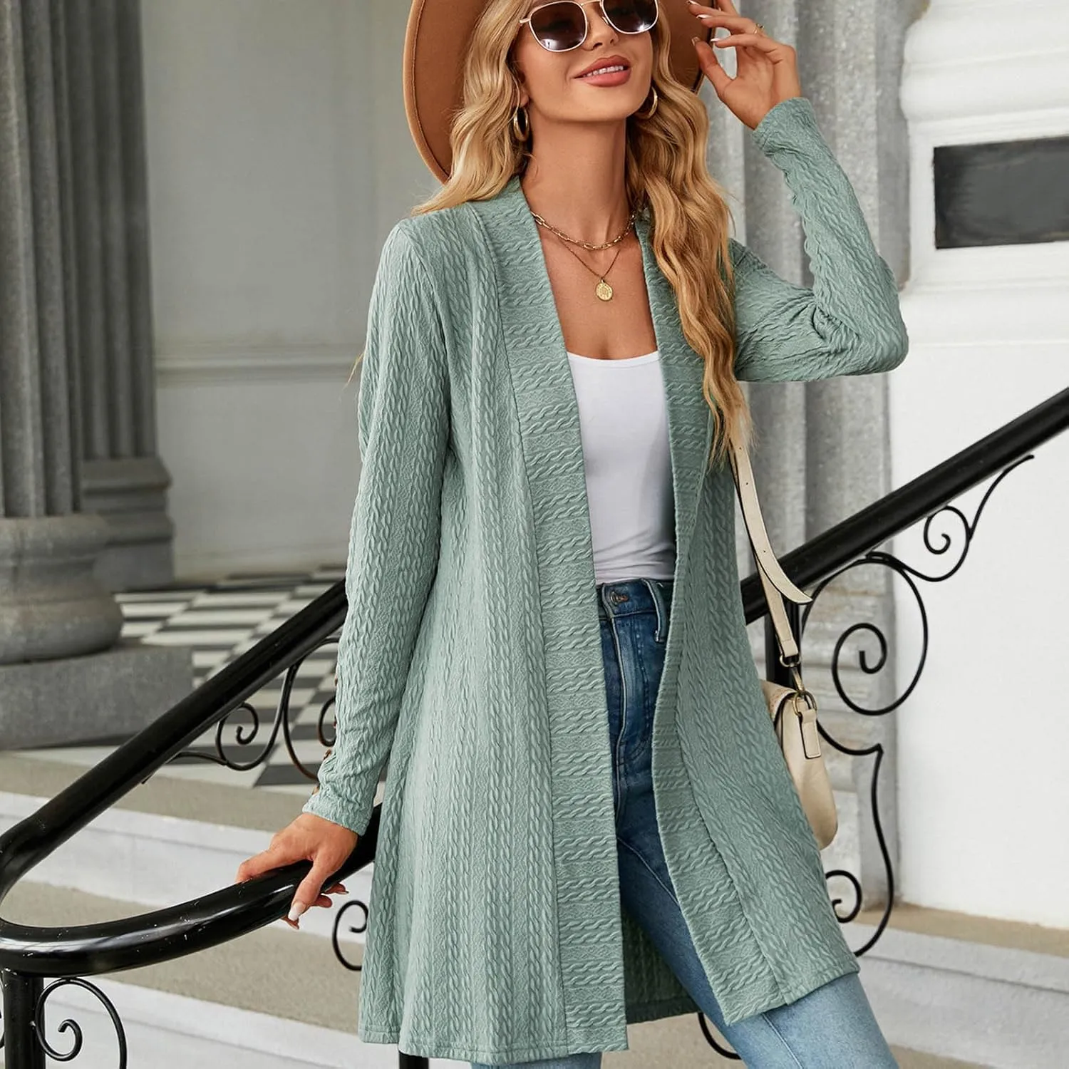 Womens Cardigans 2023 Long Sleeve Open Front Solid Color Knit Sweaters Loose Fit Casual Fashion Fall Cardigan Tops