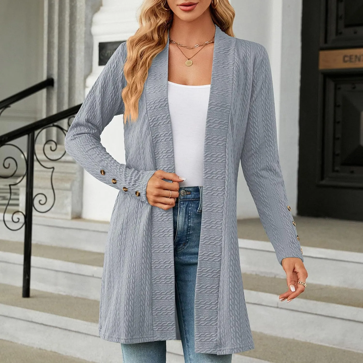 Womens Cardigans 2023 Long Sleeve Open Front Solid Color Knit Sweaters Loose Fit Casual Fashion Fall Cardigan Tops