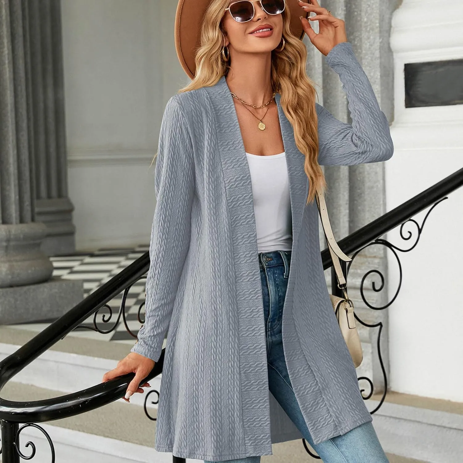 Womens Cardigans 2023 Long Sleeve Open Front Solid Color Knit Sweaters Loose Fit Casual Fashion Fall Cardigan Tops