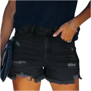 Womens Casual High Waisted Denim Shorts Frayed Raw Hem Ripped Jeans Shorts Cut Off Denim Hot Short Summer Jean Shorts