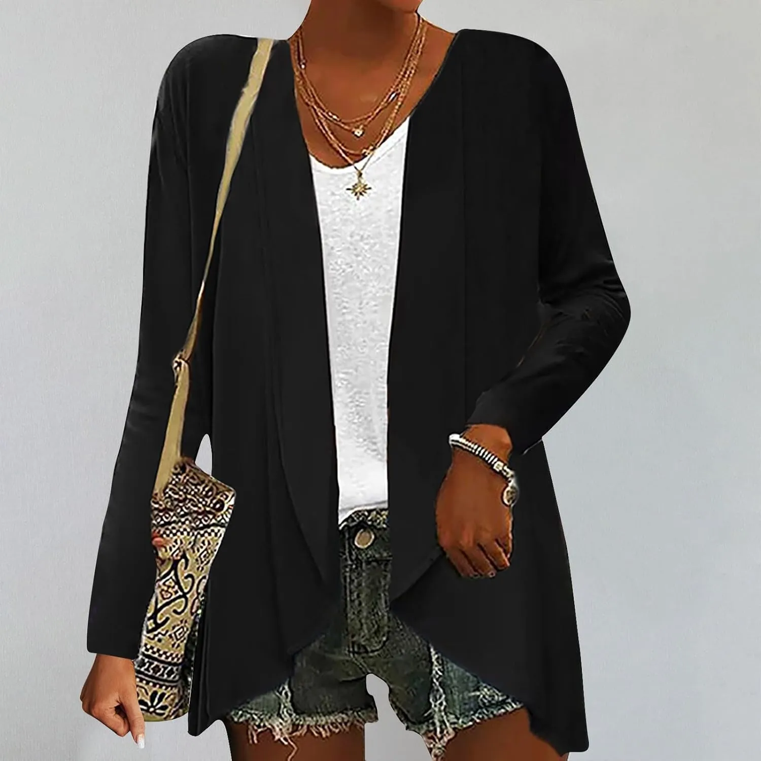 Womens Casual Lightweight Cardigan Sweater Loose Comfy Long Sleeve Open Front Draped Ruffles Cardigan Jacket Tops