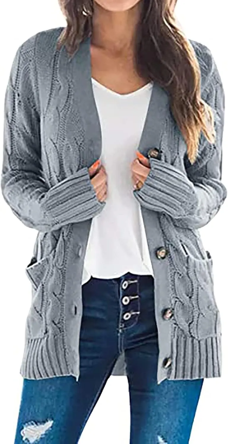 Womens Casual Long Sleeve Button Cardigan Open Front Cable Knit Sweater Outwear Loose Cardigans with Pockets