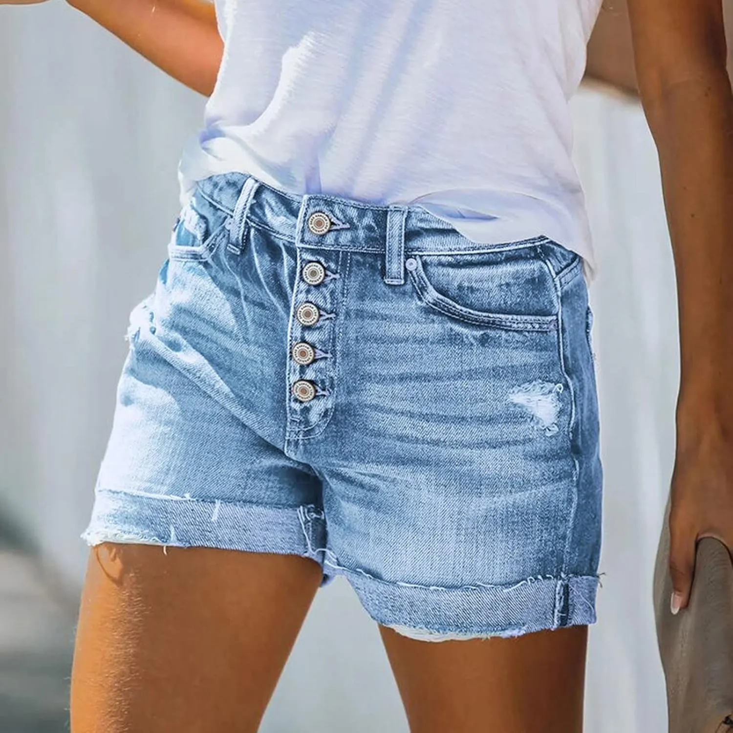 Women's Casual Ripped High Waisted Denim Shorts Stretchy Cuffed Hem Denim Hot Short Summer Jean Shorts