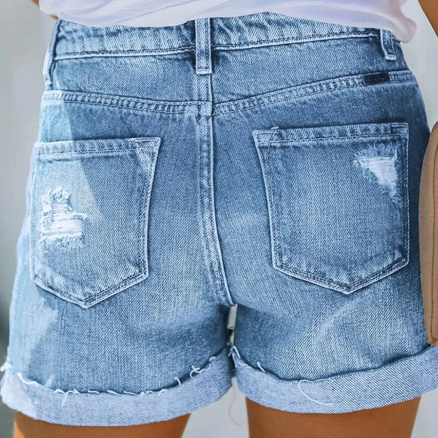 Women's Casual Ripped High Waisted Denim Shorts Stretchy Cuffed Hem Denim Hot Short Summer Jean Shorts