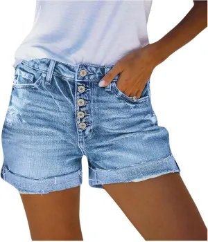 Women's Casual Ripped High Waisted Denim Shorts Stretchy Cuffed Hem Denim Hot Short Summer Jean Shorts