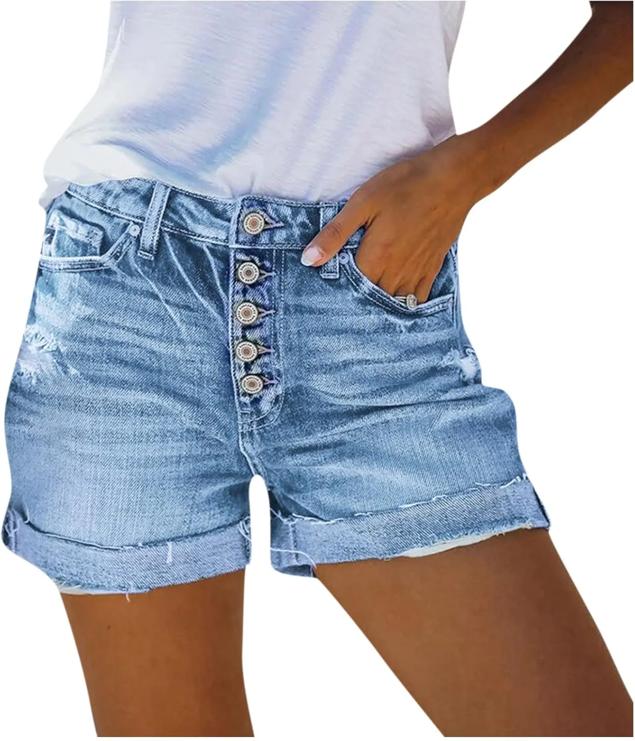 Women's Casual Ripped High Waisted Denim Shorts Stretchy Cuffed Hem Denim Hot Short Summer Jean Shorts