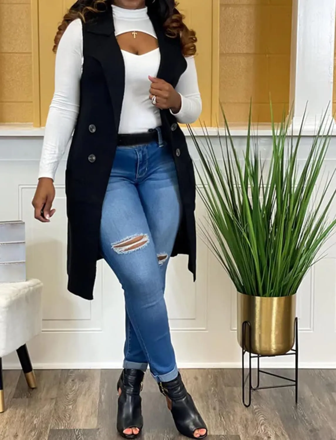 Women's Casual Sleeveless Long Sweater Vest Open Front Knit Cardigan Waistcoat with Pockets