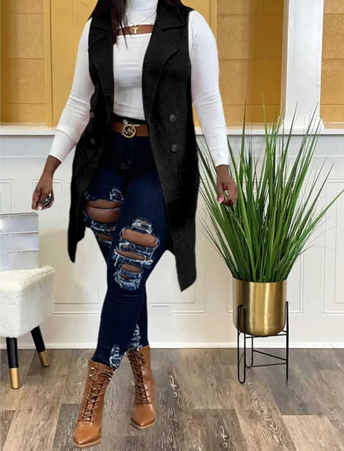 Women's Casual Sleeveless Long Sweater Vest Open Front Knit Cardigan Waistcoat with Pockets