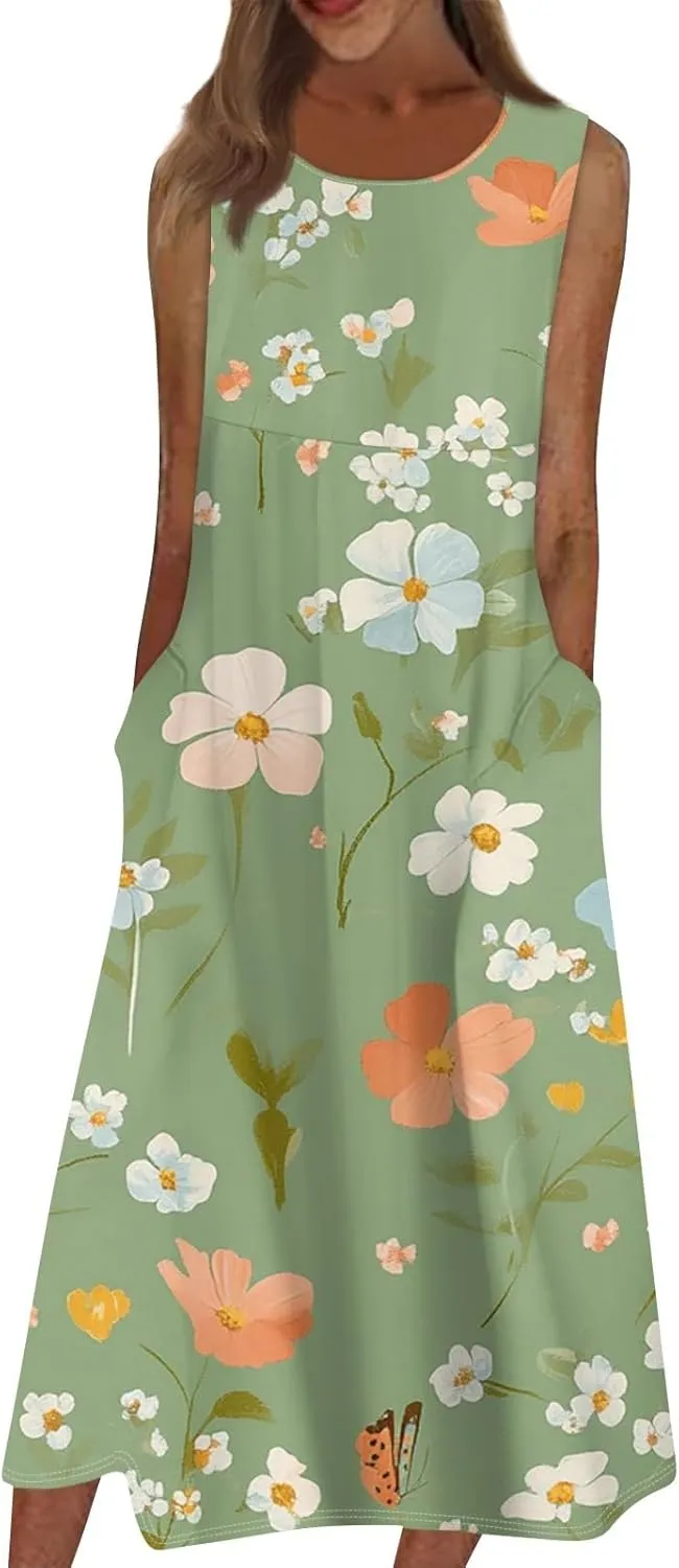 Womens Casual Summer Dresses Strapless Garden Party Floral Floral Dresses with Pockets Boho Going Out Summer Outfits