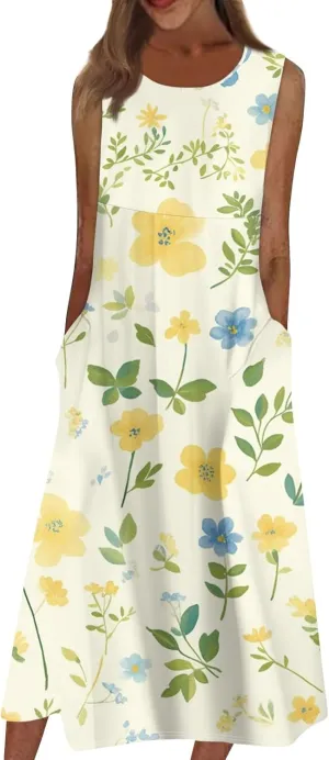 Womens Casual Summer Dresses Strapless Garden Party Floral Floral Dresses with Pockets Boho Going Out Summer Outfits