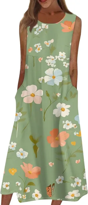 Womens Casual Summer Dresses Strapless Garden Party Floral Floral Dresses with Pockets Boho Going Out Summer Outfits