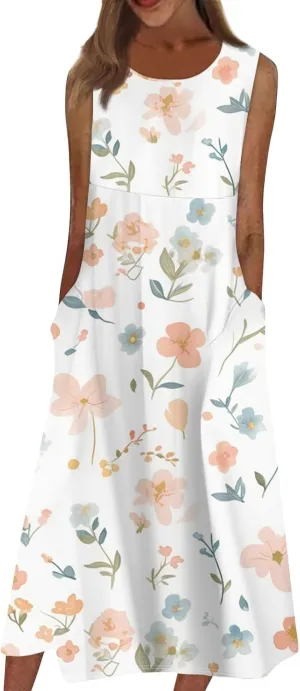 Womens Casual Summer Dresses Strapless Garden Party Floral Floral Dresses with Pockets Boho Going Out Summer Outfits