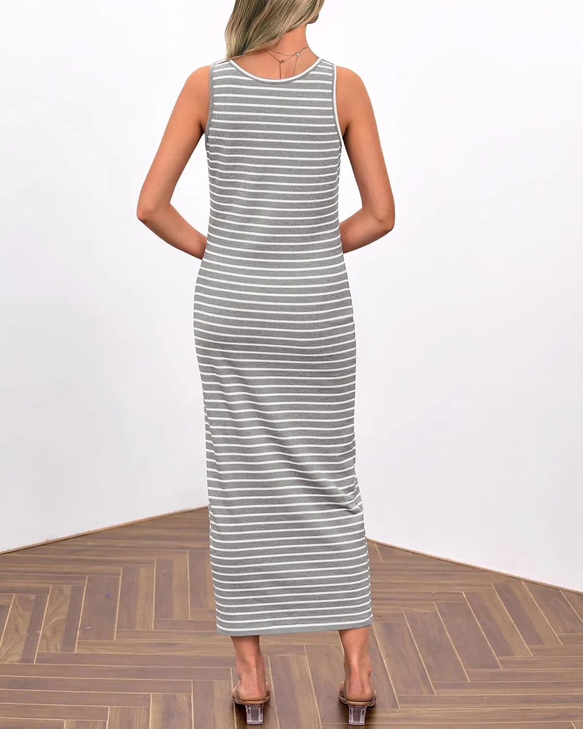 Women's Casual Summer Sleeveless Dress U Neck Striped Tank Midi Dresses Bodycon T Shirt Dress Loose Split Maxi Dresses