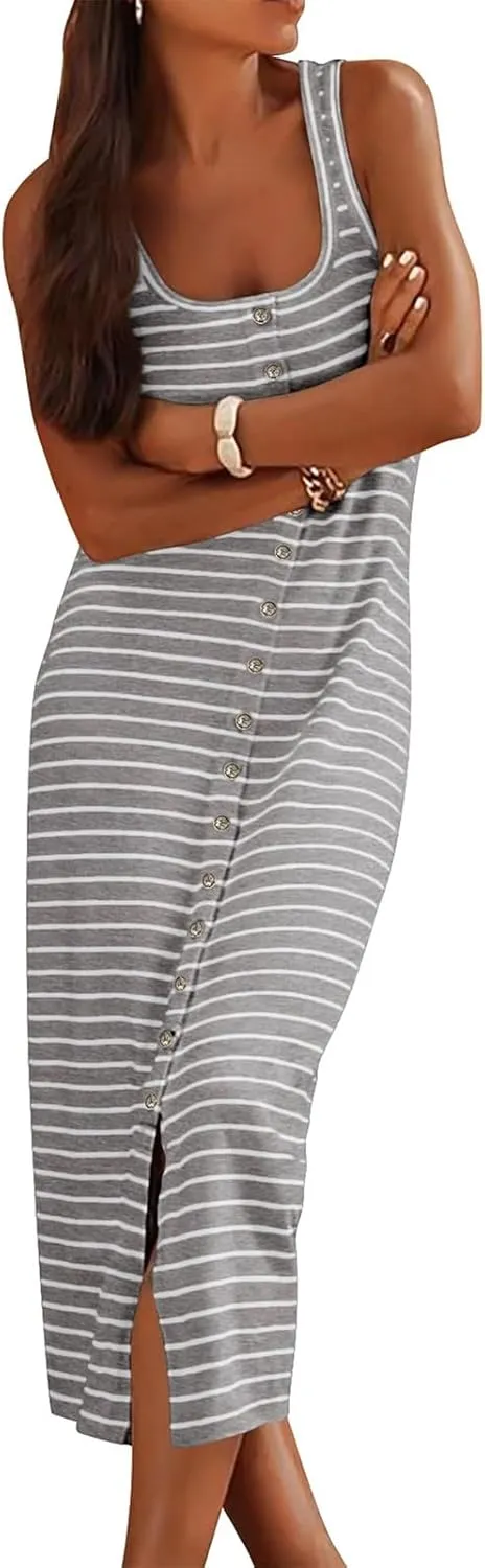 Women's Casual Summer Sleeveless Dress U Neck Striped Tank Midi Dresses Bodycon T Shirt Dress Loose Split Maxi Dresses