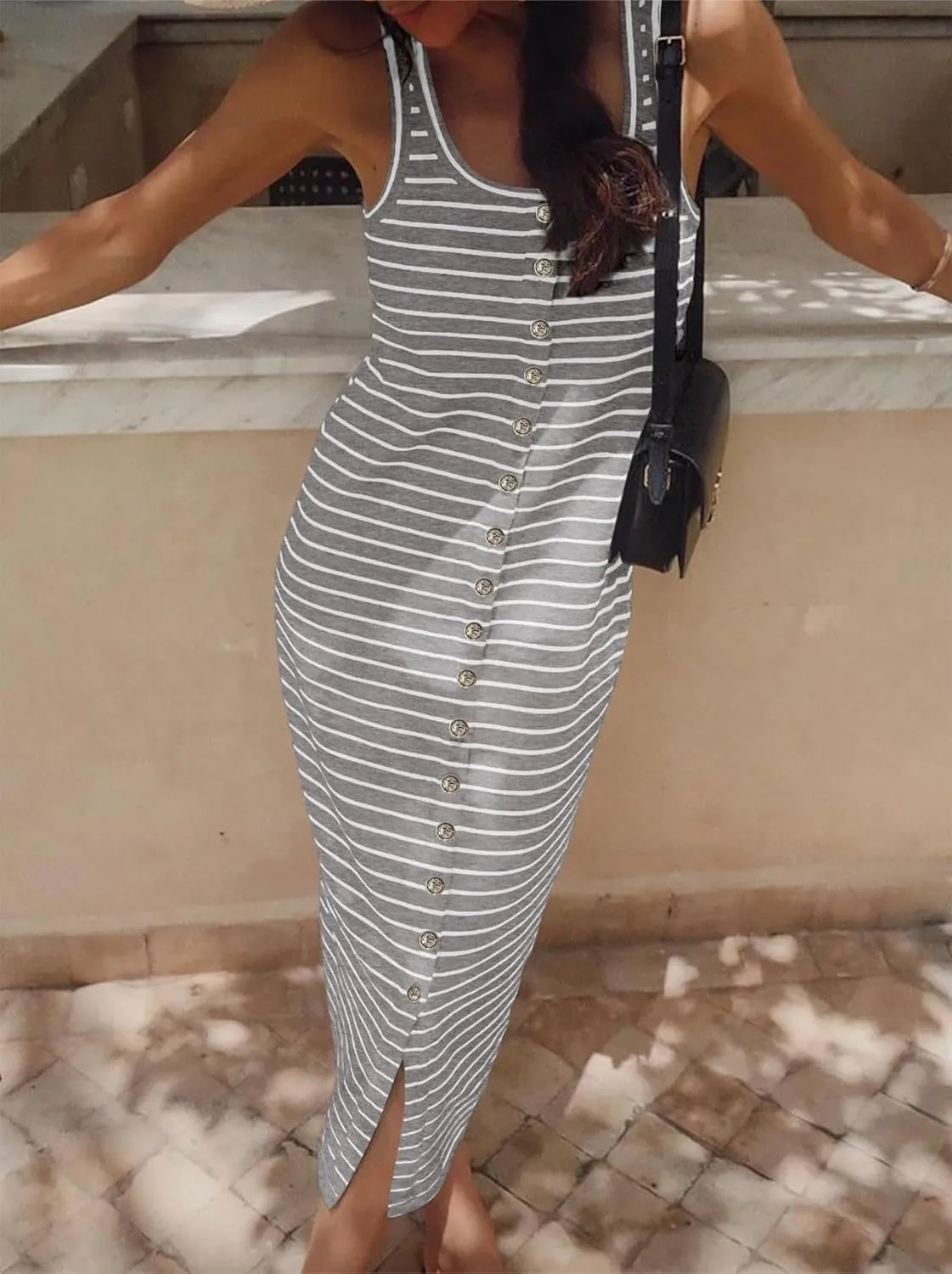 Women's Casual Summer Sleeveless Dress U Neck Striped Tank Midi Dresses Bodycon T Shirt Dress Loose Split Maxi Dresses